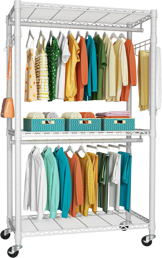 FUTASSI P1 Heavy Duty Garment Rack, 3 Tiers Adjustable Rolling Metal Closet Organizer with Lockable Wheels, FreeStanding Wardrobe with Double Hanger Rods & 1 Pair Hooks, Max Load 450 LBS, White