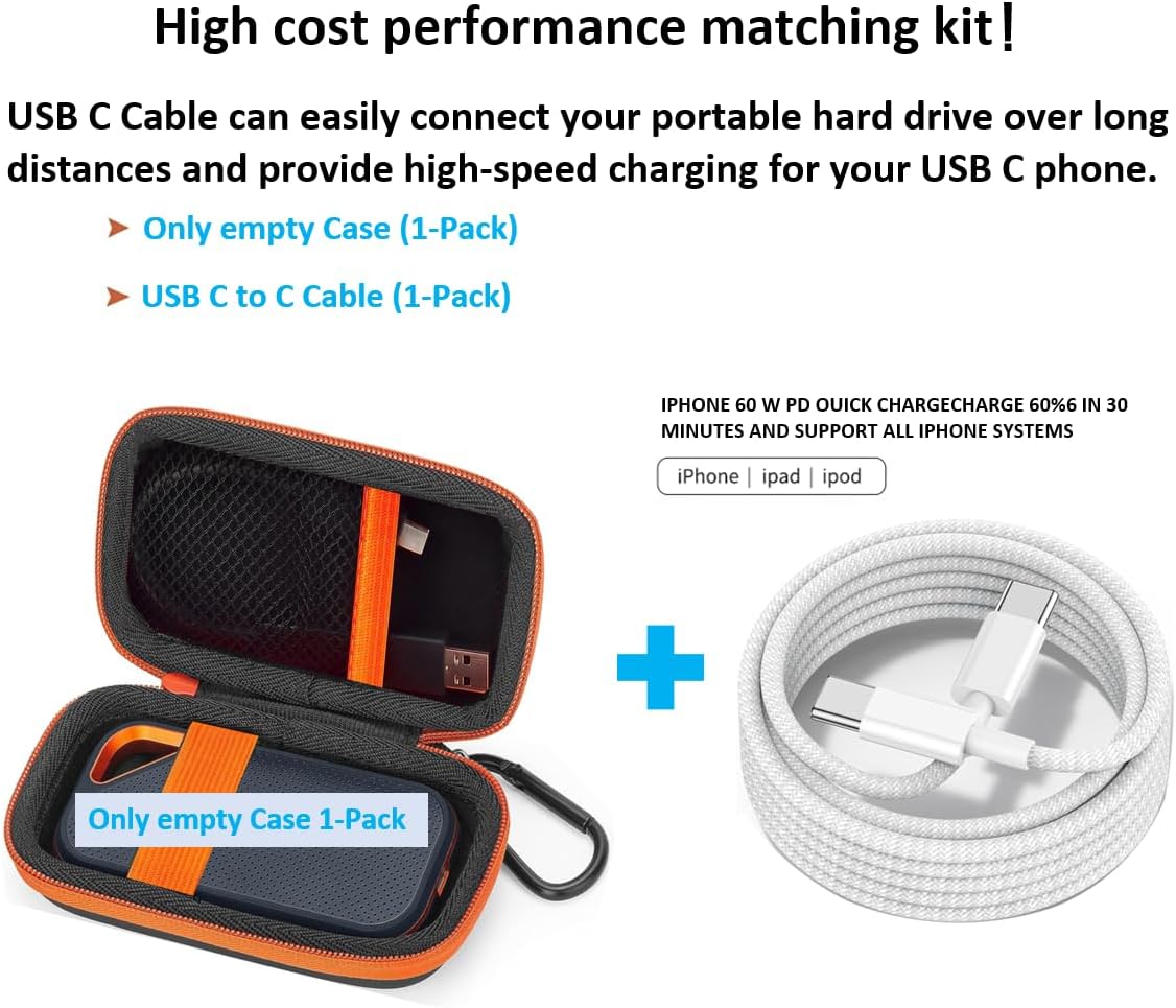 Hard Drive Case for Samsung T7 Shield, Compatible with SanDisk 500GB-4TB Touch Portable Hard Drive Storage Case, Storage Holder for Mac and PC Computer SD Cards (Storage Bag+Cable 2-Pack)