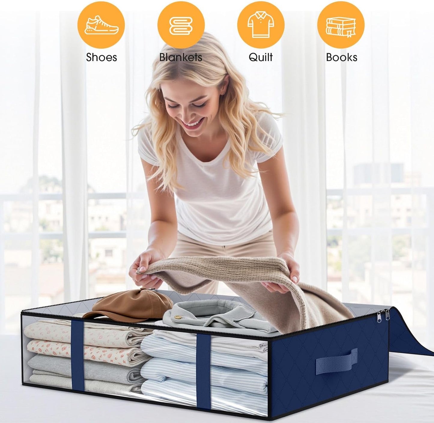 StorageRight Under Bed Storage Bins, 4-Pack 40L Foldable Fabric Storage Bags with Transparent Window, Breathable Organizer for Clothes/Blanket/Comforter/Quilt, Blue