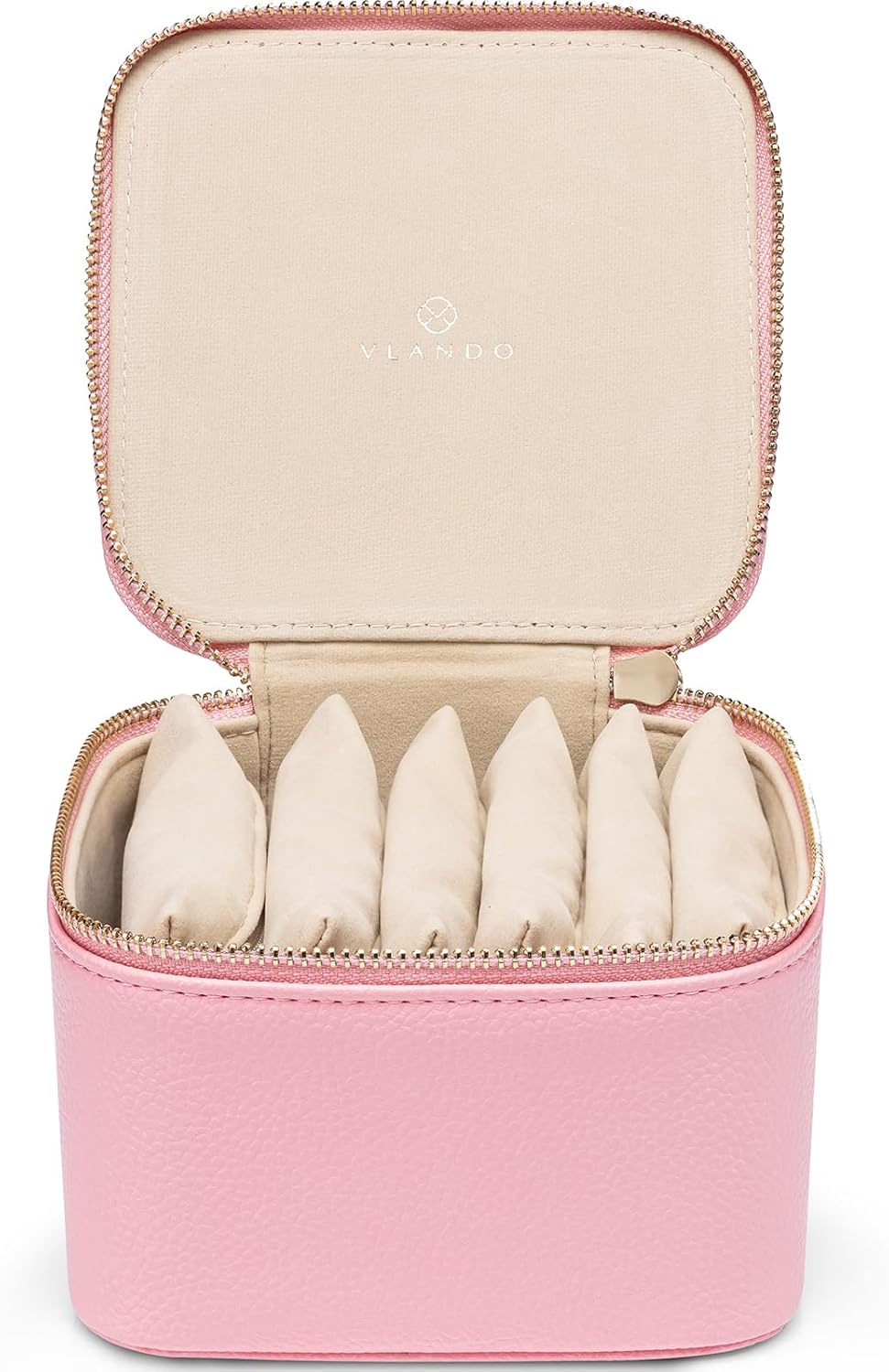 Vlando Travel Jewelry Case,PU Leather Jewelry Storage Organizer Case with 6 pcs Jewelry Bag,Christmas Wedding Birthday Gift Ideas for Women Bride Girls Pale Pink