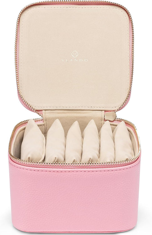 Vlando Travel Jewelry Case,PU Leather Jewelry Storage Organizer Case with 6 pcs Jewelry Bag,Christmas Wedding Birthday Gift Ideas for Women Bride Girls Pale Pink