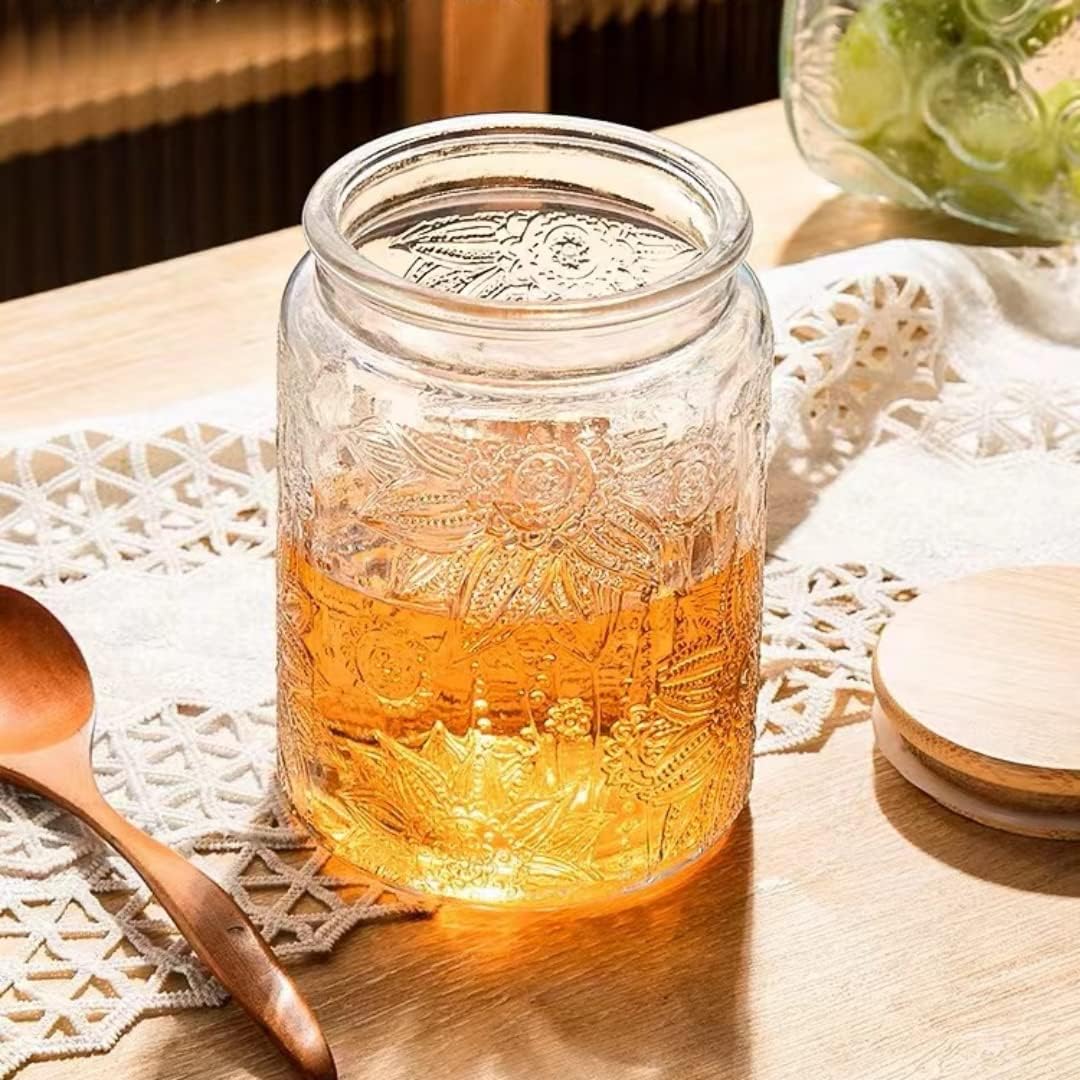 ANSQU Vintage Glass Jars Set Canister Airtight Storage Jar Container with Bamboo Wooden Lids for Kitchen Counter, Pantry, Coffee, Tea, Sugar, Cute Jar, 2 Pack 23.7 FL OZ (Begonia & Sunflower)