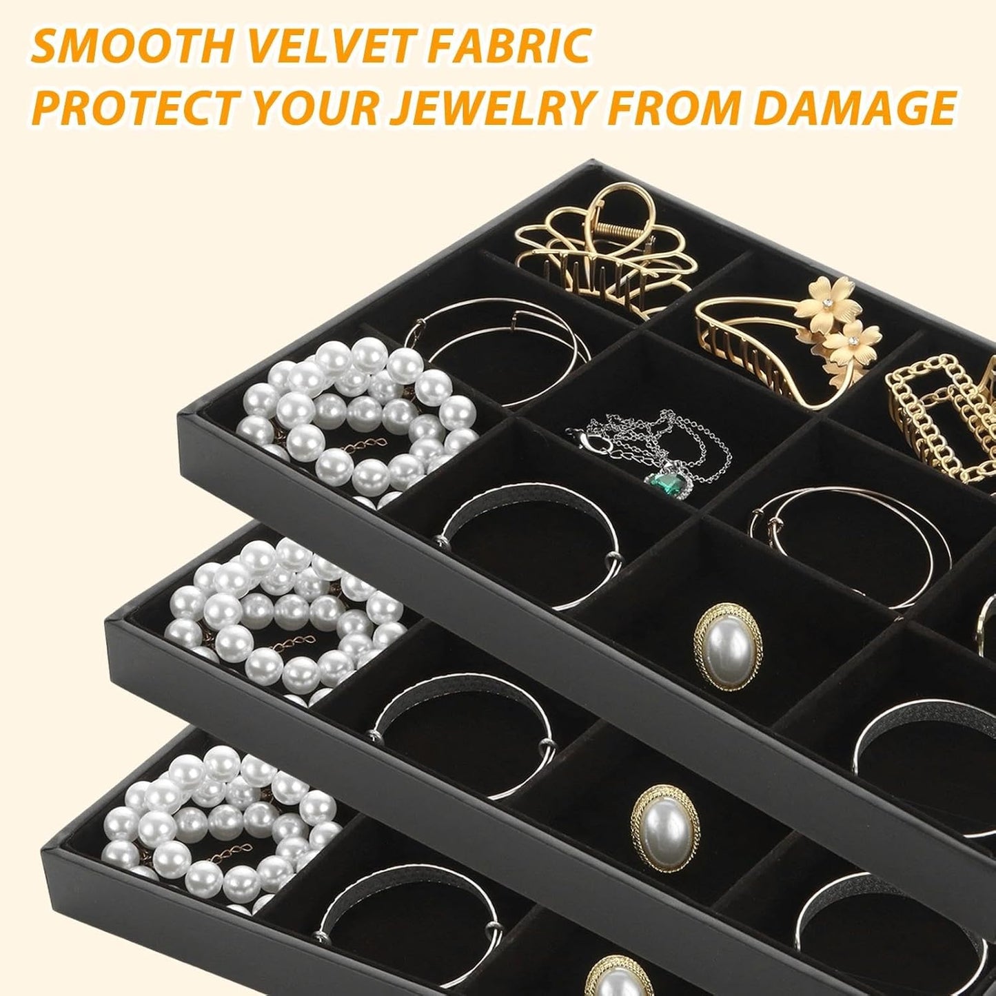 STARVAST 3 Pcs Stackable Velvet Jewelry Organizer Trays, 12 Grids Jewelry Organizers and Display Case Storage for Earrings Bracelets Necklace Rings, Jewelry Trays Drawer Insert