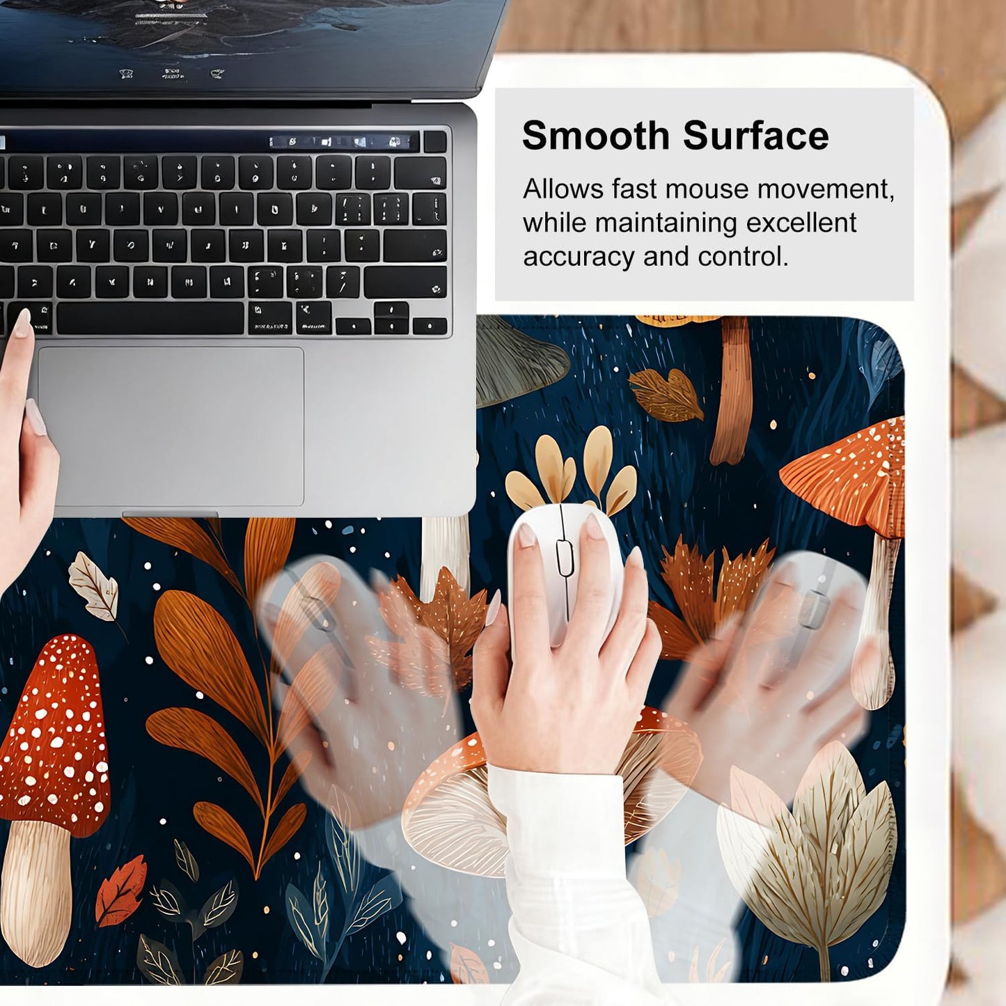 Mushroom Forest Mouse Pad – Large Extended Desk Mat 31.5 x 11.8 in– Autumn Woodland Fungi Illustration, Waterproof Surface, Non-Slip Rubber Base, Keyboard & Mouse Pad for Nature Lovers