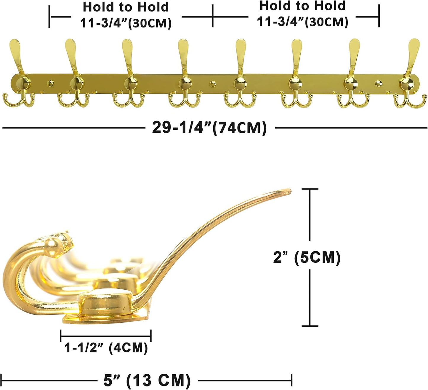 Dseap Coat Rack Wall Mount - 29.5” Long 8-Tri-Hooks Heavy Duty Coat Hanger Rail Wall Hooks for Hanging Coats Hats Clothing Clothes Purse Mudroom Entryway, Gold