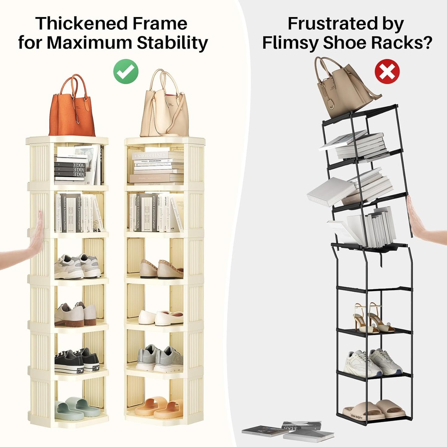 Kitstorack 10 Tiers Stackable Shoe Rack for Closet and Front Door Entrance - Free Standing Plastic Stand, Narrow Tall Vertical Organizer for Small Spaces Storage, White