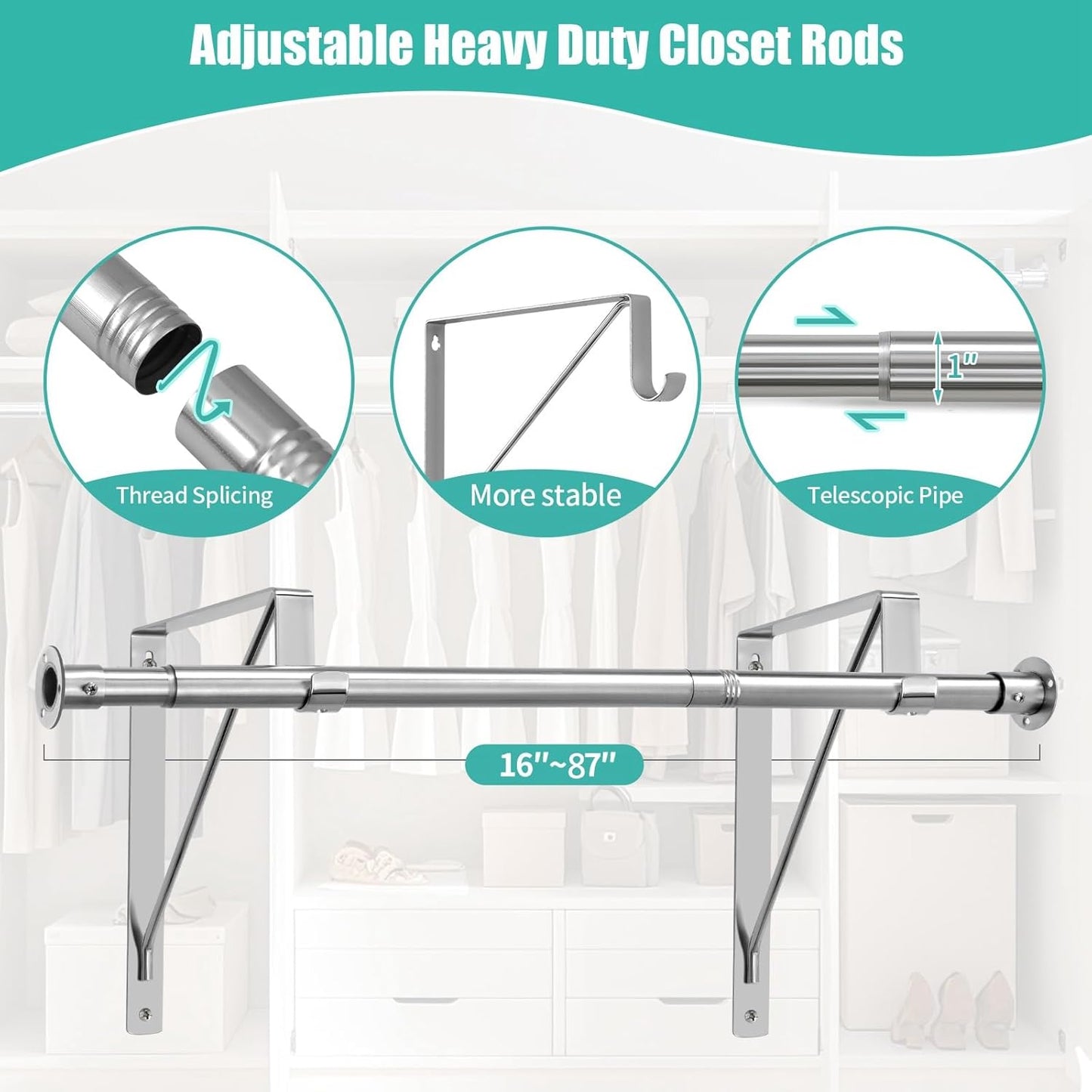 Closet Rod, 16 to 87 Inch Closet Rods Heavy Duty Adjustable Wardrobe Poles for Hanging Clothes and Heavy Duty Bracket Closet Pole Support (The Shelf NOT Included)(Silver)