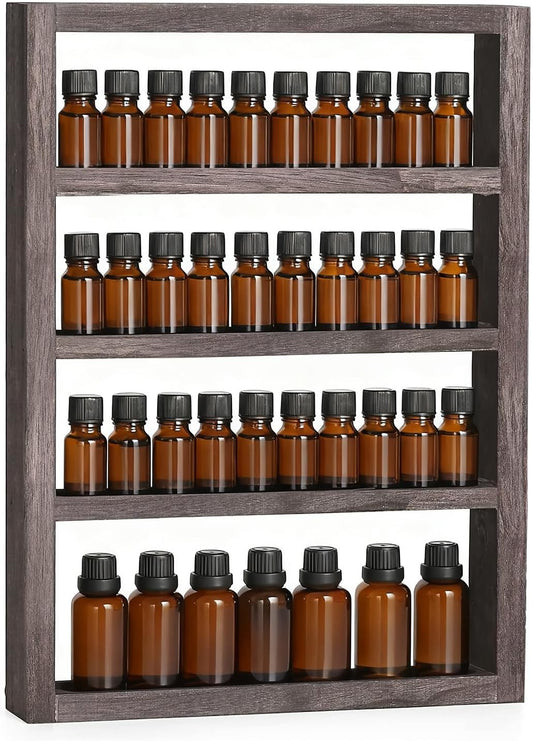 ETELI Essential Oil Storage Rack 4 Tier Wall Mounted Wooden Display Shelf Holder Nail Polish Organizer with Groove Inside for Bedroom Bathroom Powder Room, Rustic Brown