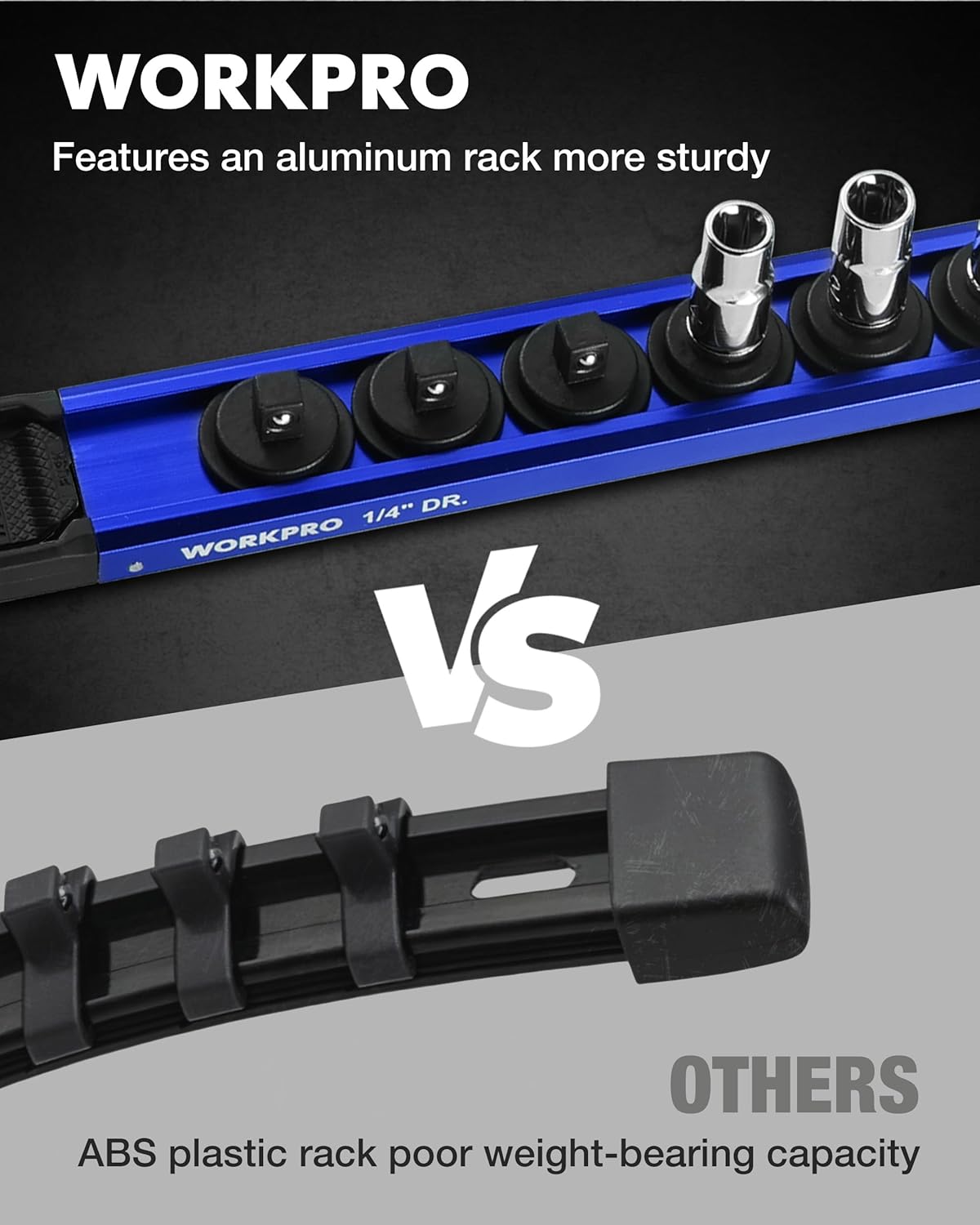 WORKPRO Magnetic Socket Organizer, 1/4" Drive Aluminum Alloy Socket Holder, Heavy Duty Socket Rail with 12 PC Removable Socket Clips, Socket Organizer Tray for Tool Box Drawer (Sockets Not Included)