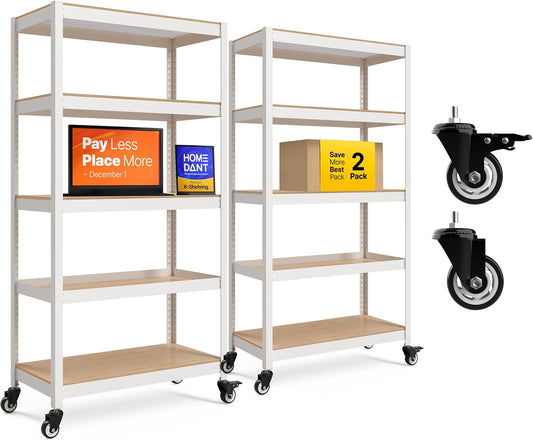 HOMEDANT House White 5-Tier Metal Rolling Cart Shelf Rack Casters Heavy Duty Wheel Shelving Unit Adjustable Utility Storage Shelves Organizer Shelf Kitchen Garage 36.2" W x 16.5" D x 69.5" H 2Pack