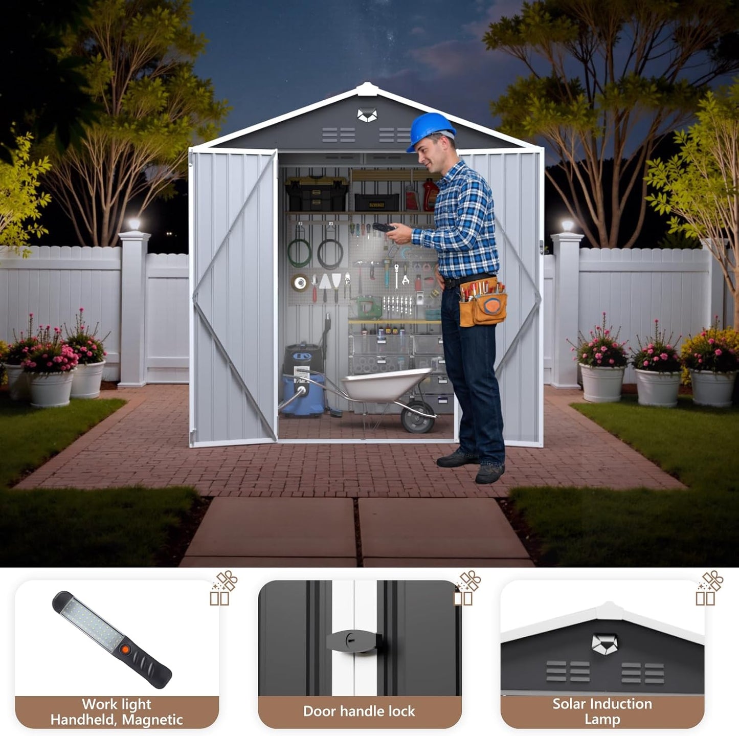 8X6 FT Outdoor Storage Shed, Metal Garden Shed - Tool Storage Sheds with Lockable Doors, Waterproof Outside Storage Building for Backyard, Patio (Black; Floor Not Included)