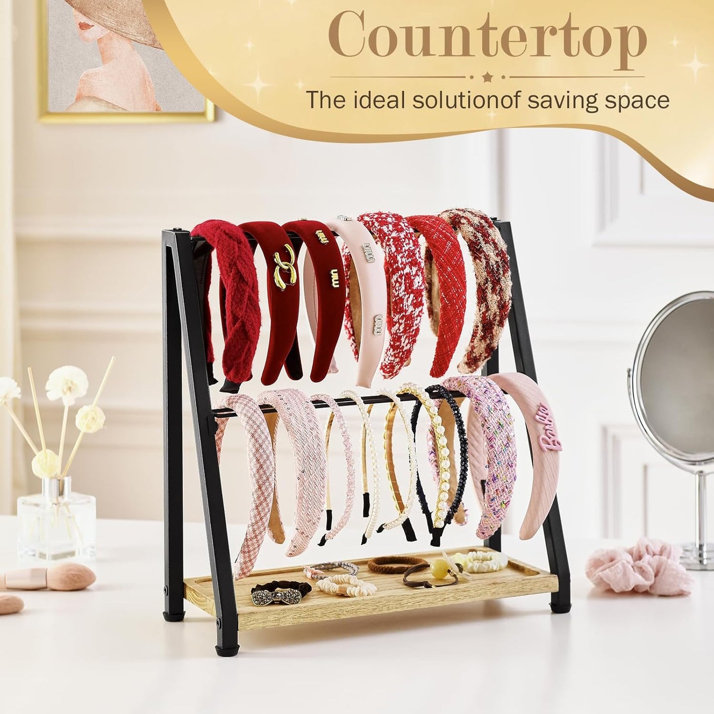 Headband Holder Organizer Metal 2-Tier Display Stand for Selling, Home Bedroom Headband Storage for Girls Women, Headband Stand Wood Base Can Store Hair Ties, Black
