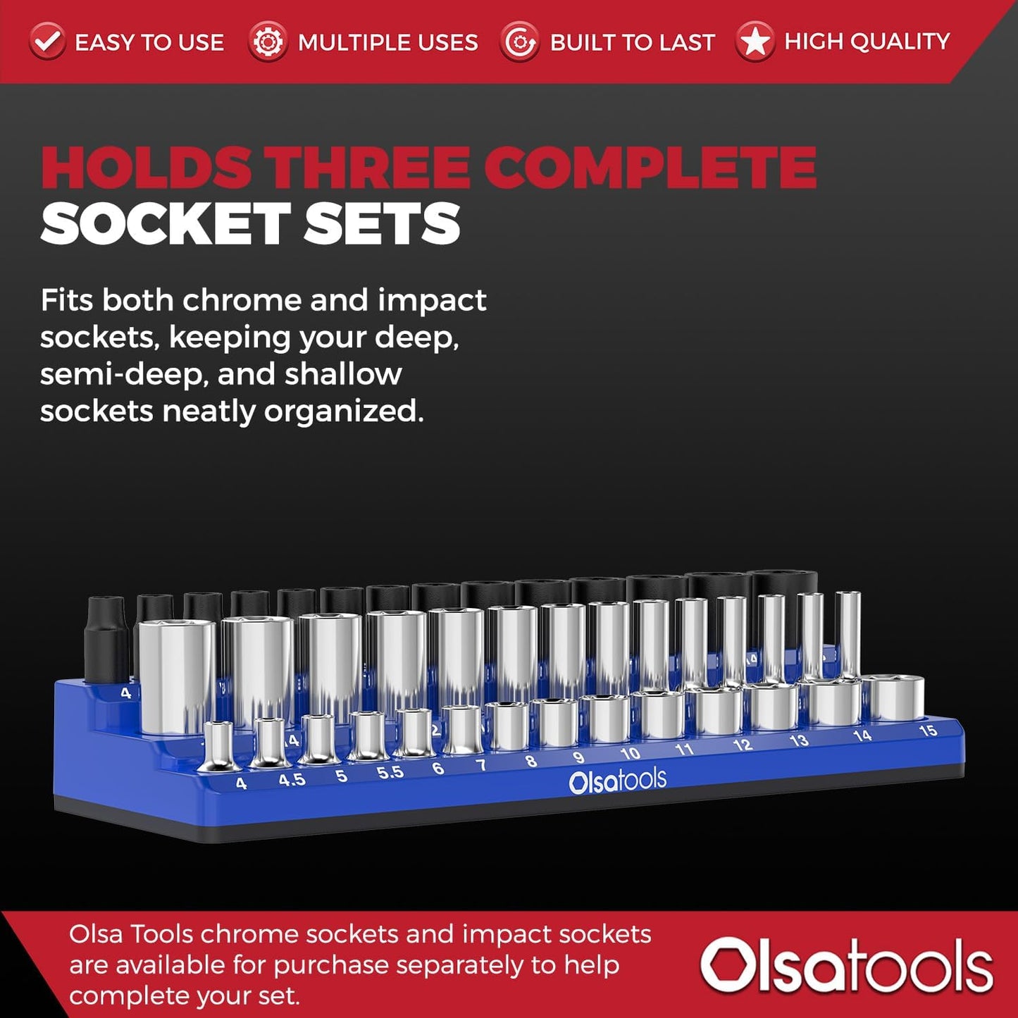Olsa Tools Magnetic Socket Organizer (1/4-Inch Drive, 3 Row) - Magnetic Tool Organizer & Holder - Metric Blue - Holds 42 Sockets - Professional Grade - Part: 1554