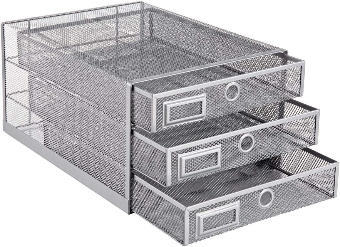Annova Desk Organizer Wire Mesh 3 Tier Sliding Drawers Paper Sorter/Multifunctional/Premium Solid Construction for Letters, Documents, Mail, Files, Paper, Kids' Art Supplies (Silver)