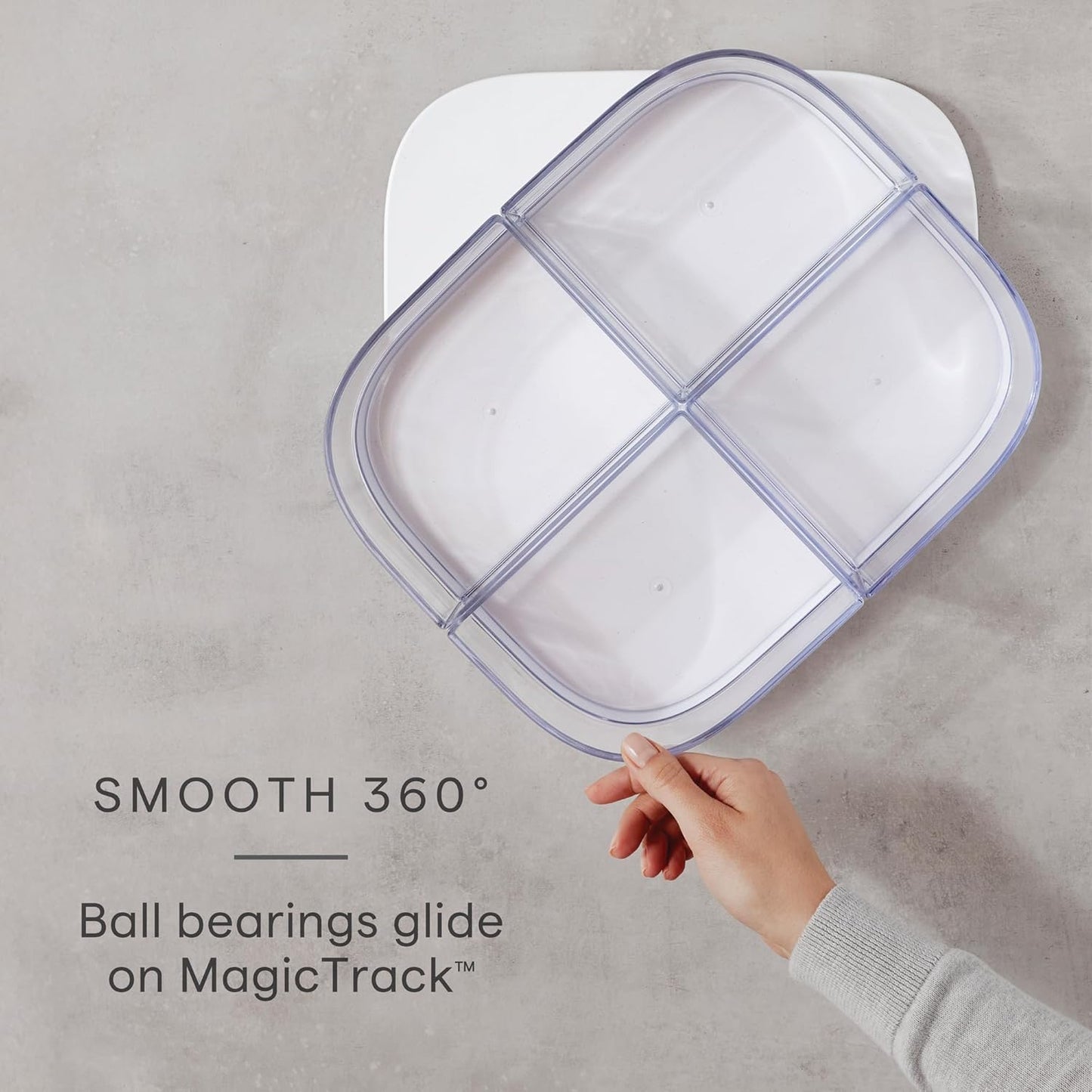 YouCopia MagicTrack Rectangle Lazy Susan Turntable with 4 Clear Storage Bins: Rotating Cabinet Organizer for Kitchen or Bathroom Items, 360° Spin, Non-Slip, White Speckled BPA-Free
