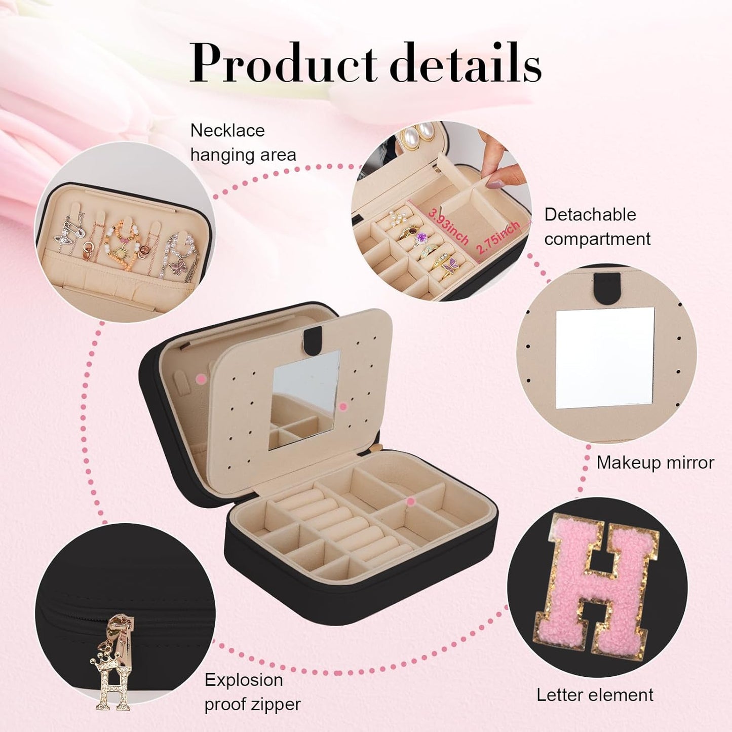 TopPerfekt Travel Jewelry Case, Jewelry Box with Mirror, Jewelry Organizer Bridal Shower Gifts to Her, Earring Storage Travel Case, Trendy Gift for Women and Girls, Girlfriend-Letter H, Black
