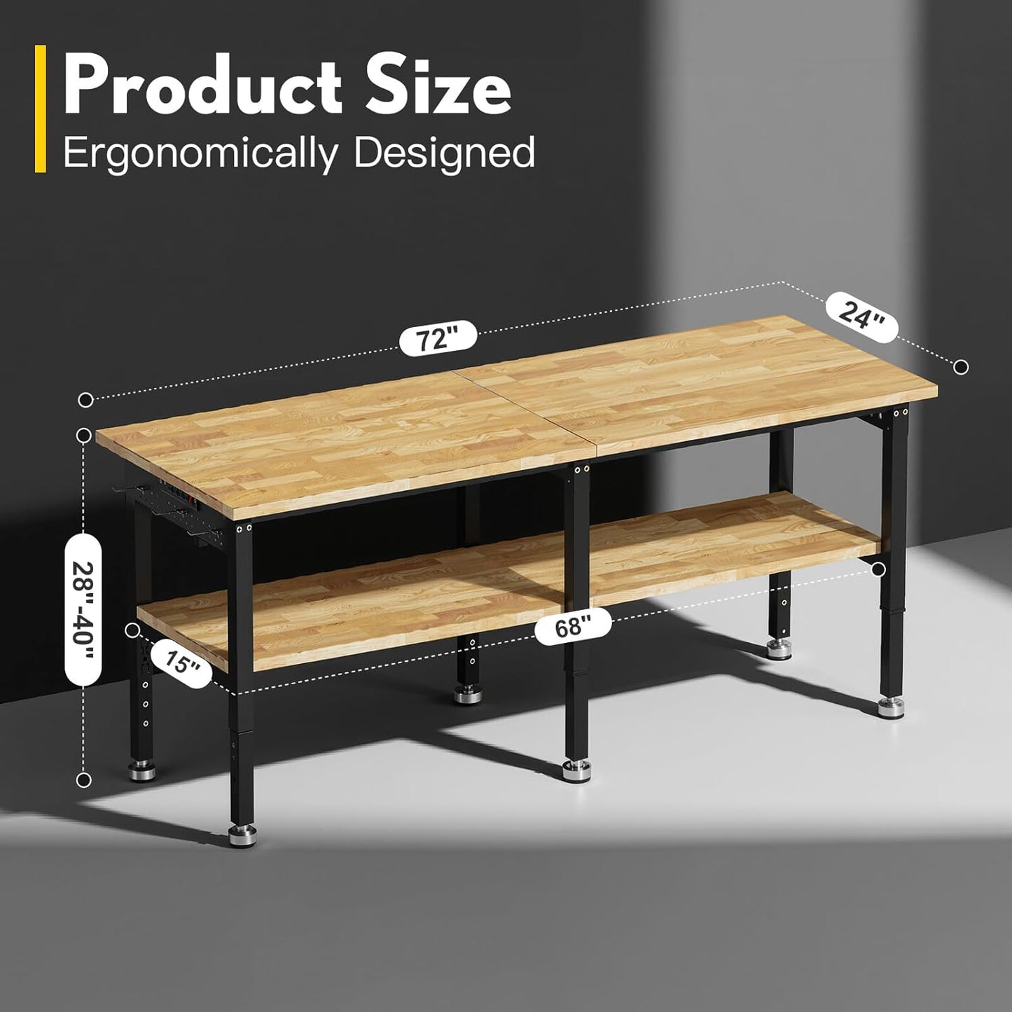 72” Adjustable Work Bench, 2-Layer Heavy Duty Workbench, 6000 LBS Capacity Workbench with Pegboard & Power Outlet, Rubber Wood Work Table for Garage, Office, Workshop, Home