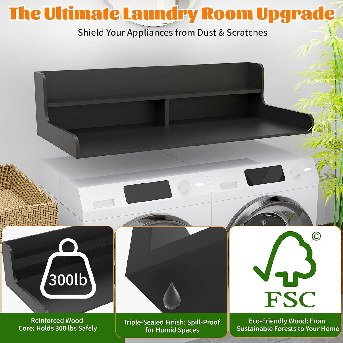 2-Tier Washer Dryer Countertop, Wood Laundry Countertop with Edge, 54" x 27.5" Top Cover for Laundry Machine, Washer and Dryer Wood Shelf Topper for Laundry Room Counter Storage Organization, Black