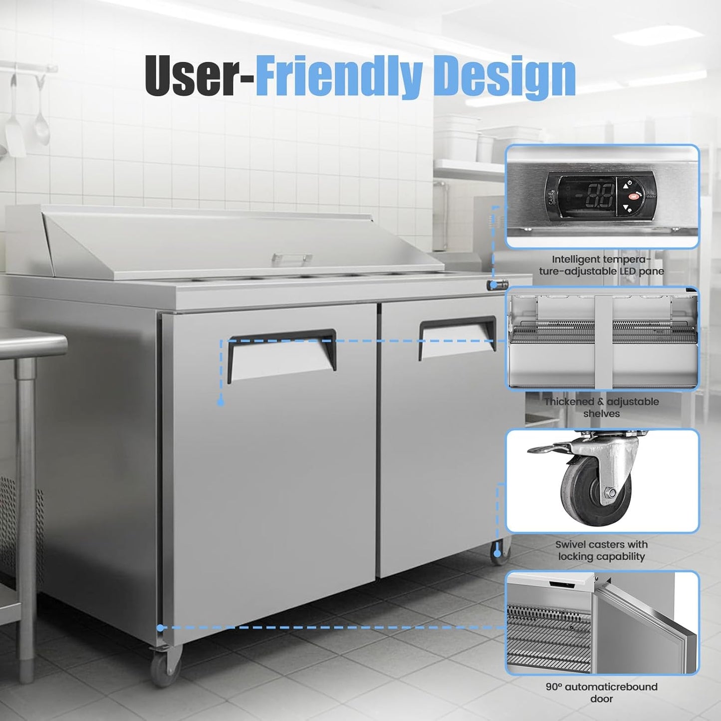 48" W Commercial Refrigerator Sandwich Salad Prep Table, Stainless Steel 2-Door Sandwich Prep Table Refrigerator, Counter Fan Cooling Refrigerator with 12 Pans for Restaurant, Bar