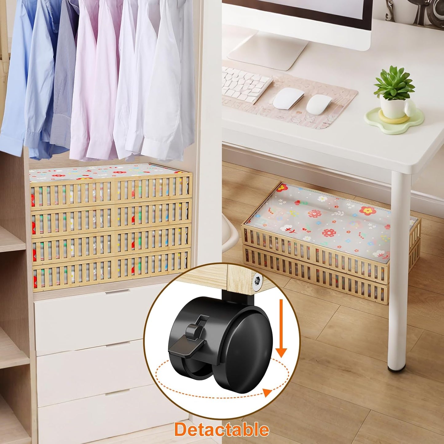 Bamboo Under Bed Storage Containers with Wheels, 40L UnderBed Drawers with Dust Bag, Breathable Under Bed Shoe Storage, Rolling UnderBed Clothes Storage, 1Pack