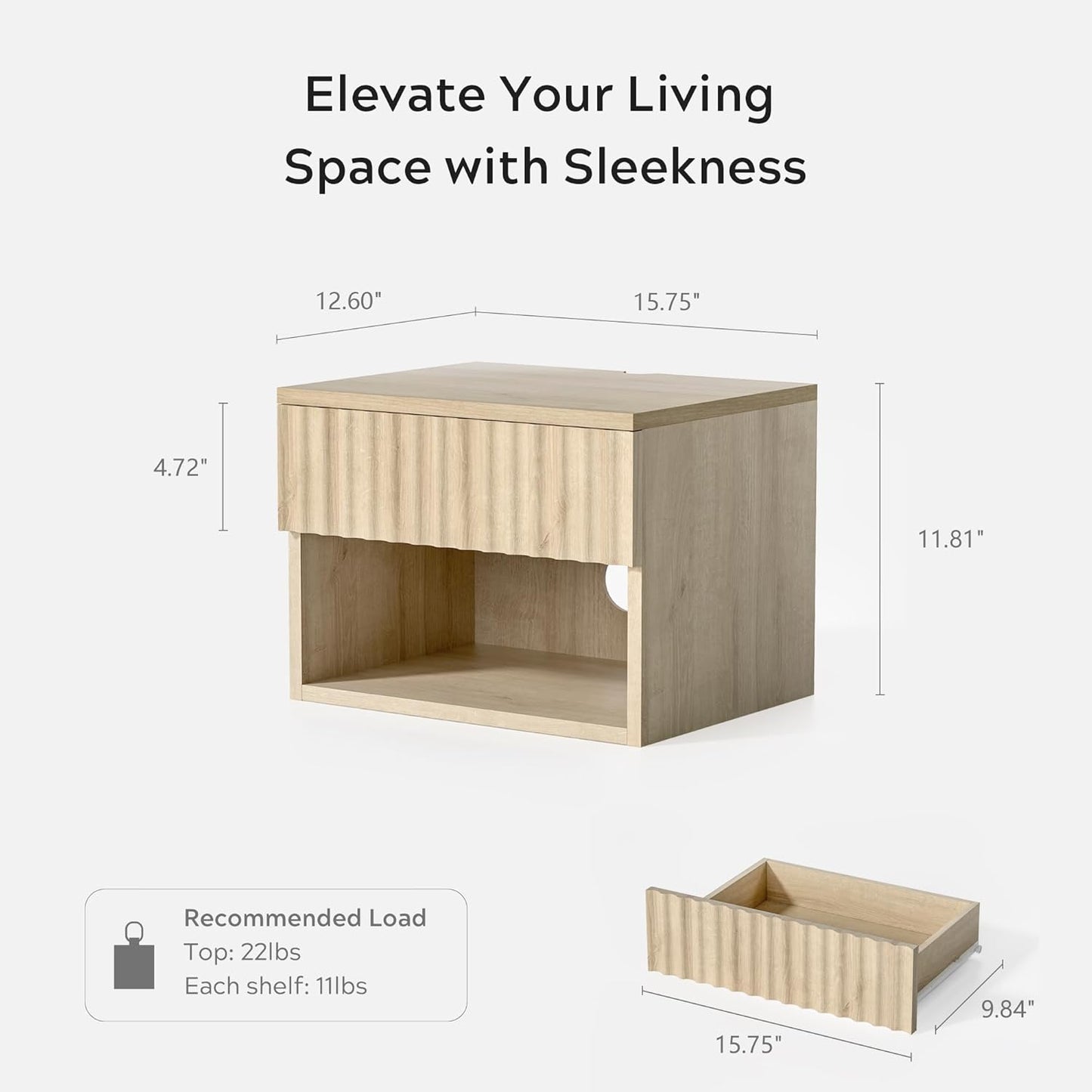 Small Floating Nightstand with Drawer, Modern Night Stand with Fluted Door and Open Storage Shelf Wall Mounted Bedside Table for Bedroom, Entryway Light Oak