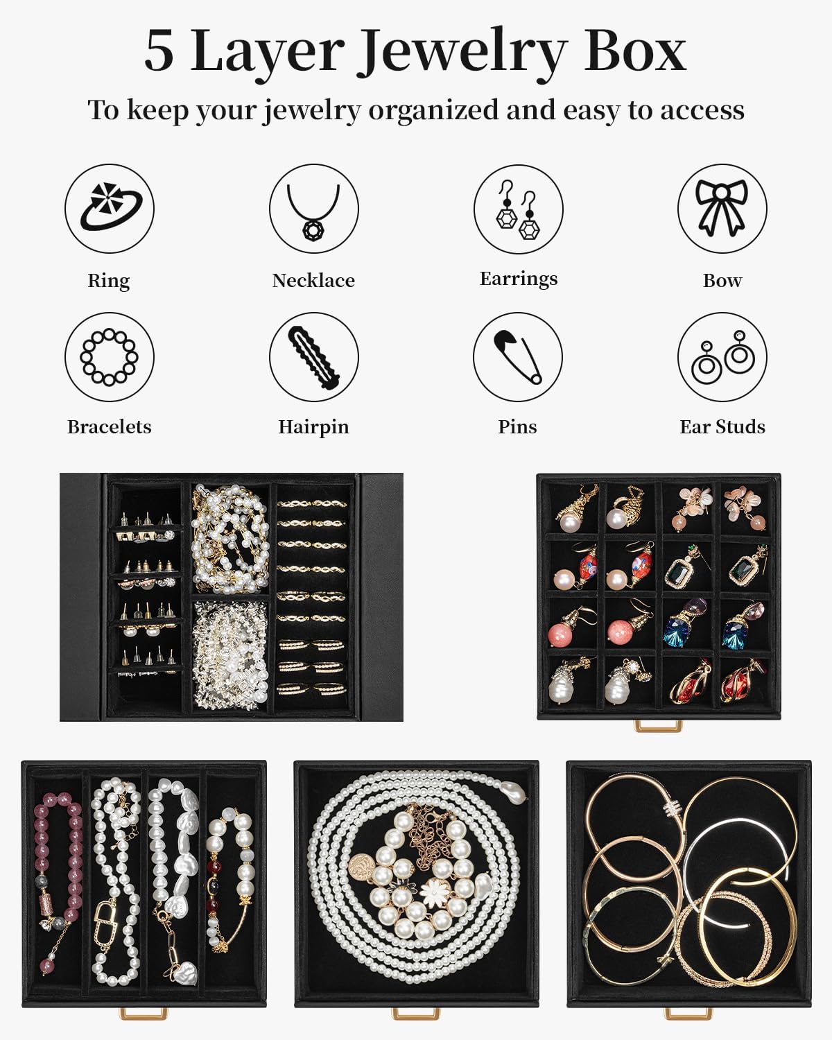 TORIBIO Jewelry Box for Women, Leather Jewelry Organizer with Mirror & Lock, 5-Tier Jewelry Storage Organizer with 4 Drawers for Girls/Women/Mothers, Necklace Earring Bracelets Holder Organizer