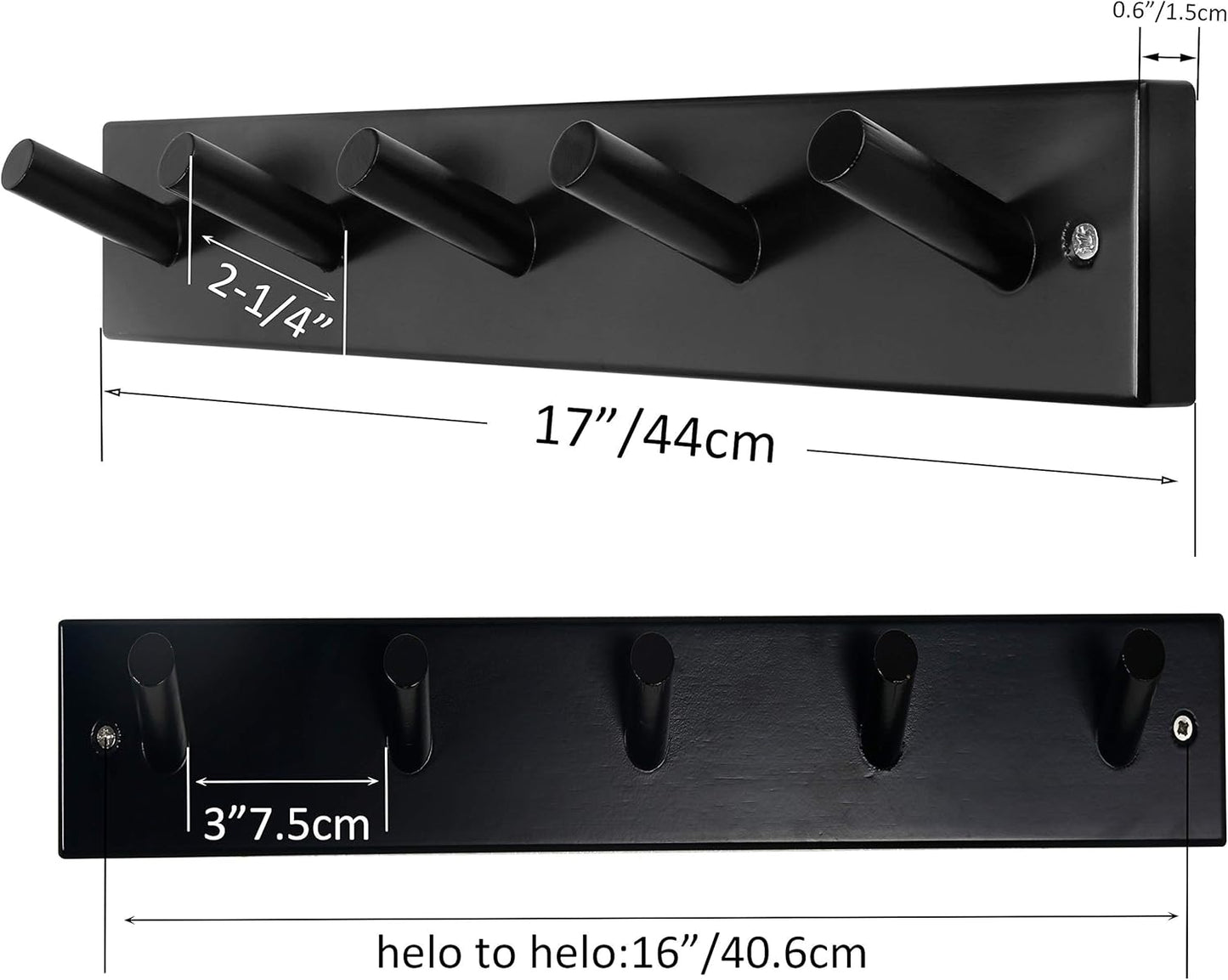 SKOLOO Wooden Wall Mounted Coat Rack,16'' Hole to Hole, 5 Pegs Bamboo Wall Hook for Hanging Clothes Robes Towels Hats,Black