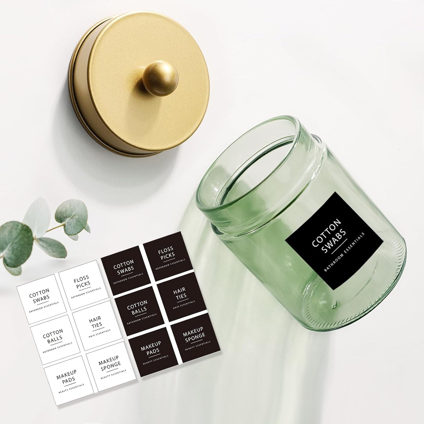 Amolliar Sage Green Qtip Holder, Glass Apothecary Jar Metal Lid & Stickers, Bathroom Qtip Holder Storage Canister, Farmhouse Decor for Cotton Balls, Swabs, Round Pads, Bath Salt, Floss, Gold 2 Pack