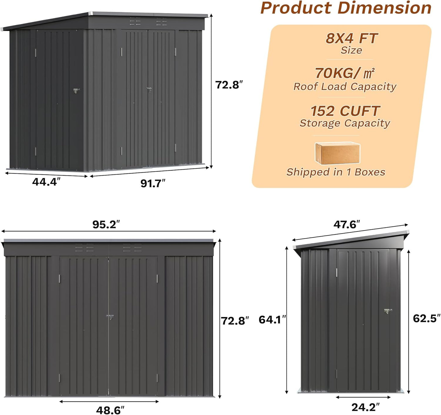 Greesum 8x4FT Outdoor Storage Shed, Metal Shed with Triple Lockable Door, Utility Tool Storaged Garden Shed with Slopping Roof for Patio Storage, Black