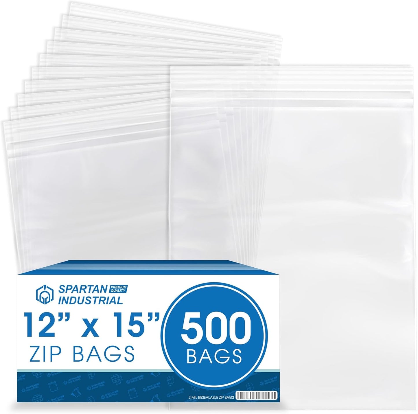 Spartan Industrial - 12” X 15” (500 Count) 2 Mil Clear Reclosable Zip Plastic Poly Bags with Resealable Lock Seal Zipper