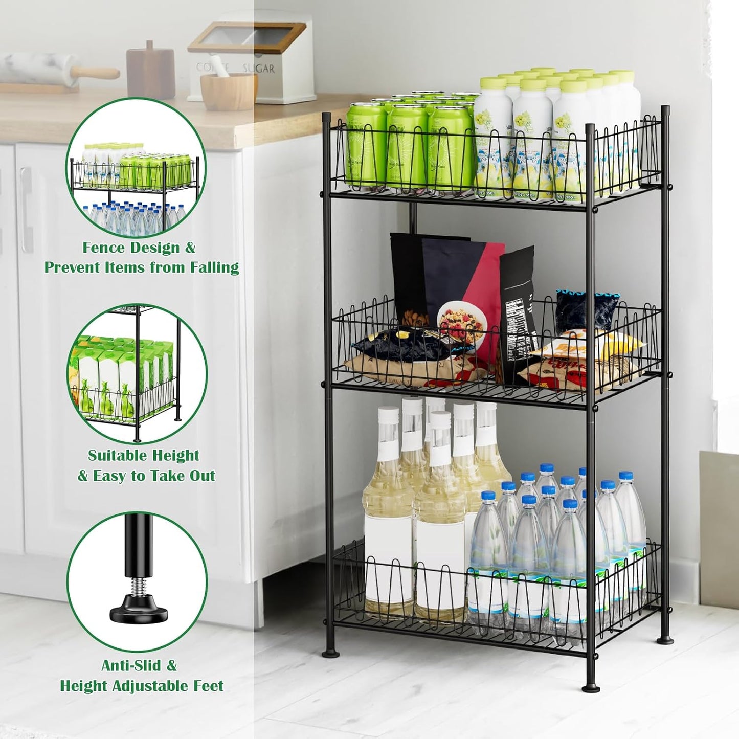 Water Bottle Organizer 3 Tier Water Bottle Holder Storage Rack Metal Drink Beverage Soda Can Organizer Shelf Stand for Floor Pantry Kitchen Classroom Food Storage, Black