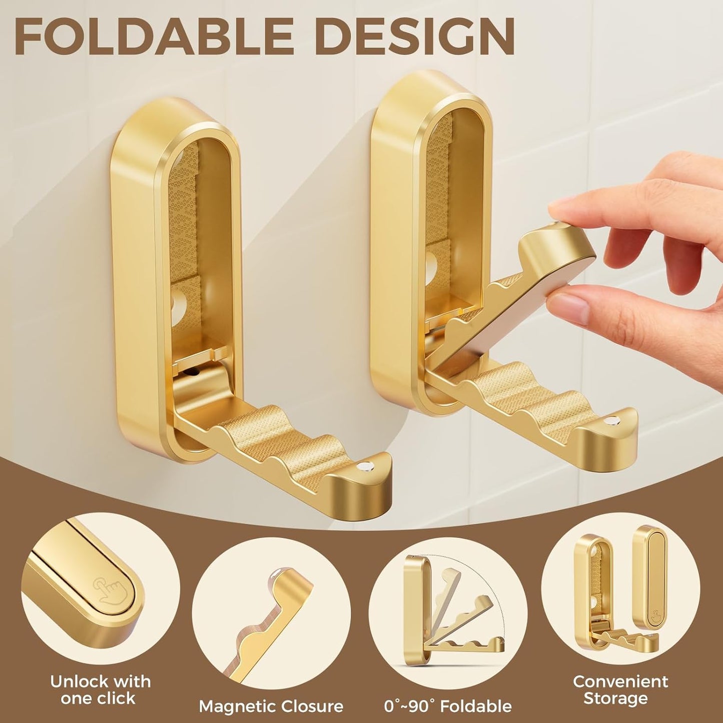 4-Pack Heavy Duty Zinc Alloy Folding Wall Hooks for Bathroom, Kitchen, Entryway, Closet - Space-Saving Design Holds Coats, Towels, Backpacks, Hats, Keys (Gold)