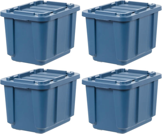 IRIS USA 12 Gallon Eco-Friendly Heavy Duty Truck Bed Toolbox Storage Tote Bins with Lids, 4 Pack - Made in USA, Tough Snap On Lockable Lid Stackable Industrial Rugged Tubs, Garage Organization - Navy