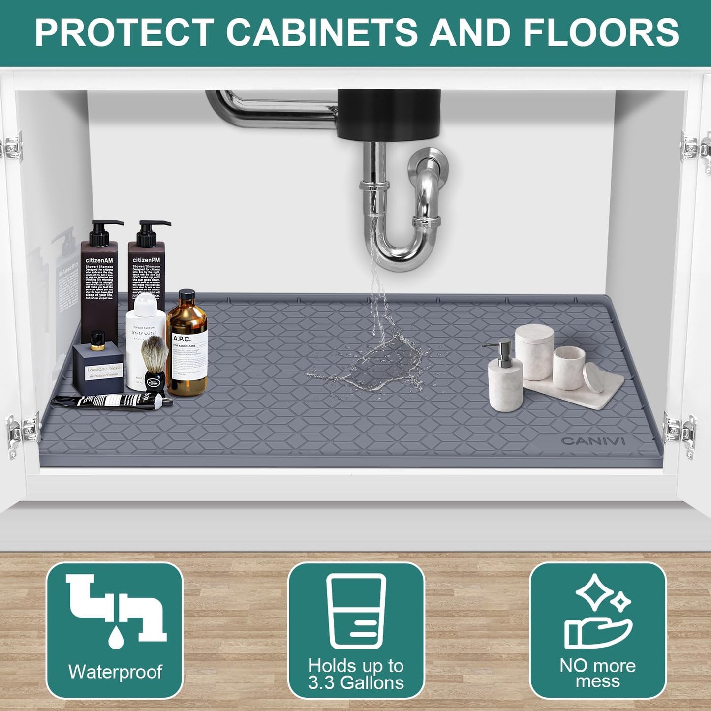 Under Sink Mat, 28" x 22" Waterproof Silicone Under Sink Tray for Kitchen & Laundry Cabinets, Kitchen Cabinet Shelf Protector, Up to 3 Gallons Liquid, Fits 36 inch Standard Cabinet (Blue Grey)
