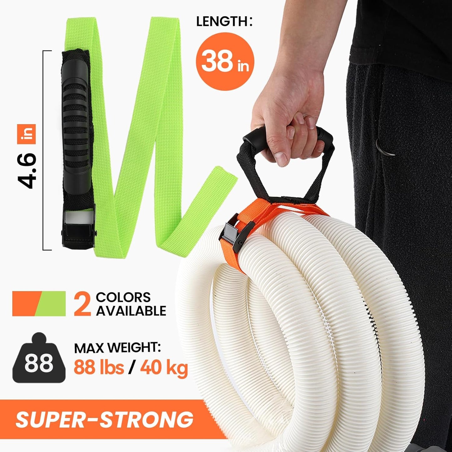Heavy Duty Storage Straps with Handle(2 Pack) for Cables, Ropes and Hoses, Extension Cord Organizer with Handle and Easy Adjustable Steel Black Lock Slider Buckles for Pool Hoses, Garden Hoses.