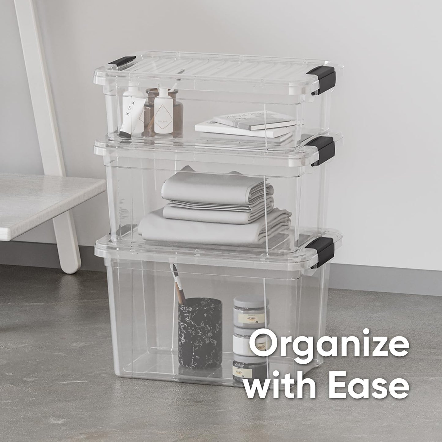 Superio Clear Storage Boxes with Lids, 4.75 Quart Plastic Container Bins for Organizing, Stackable Crates, BPA Free, Non Toxic, Odor Free, Organizers for Home, Office and Dorm, 6 Pack