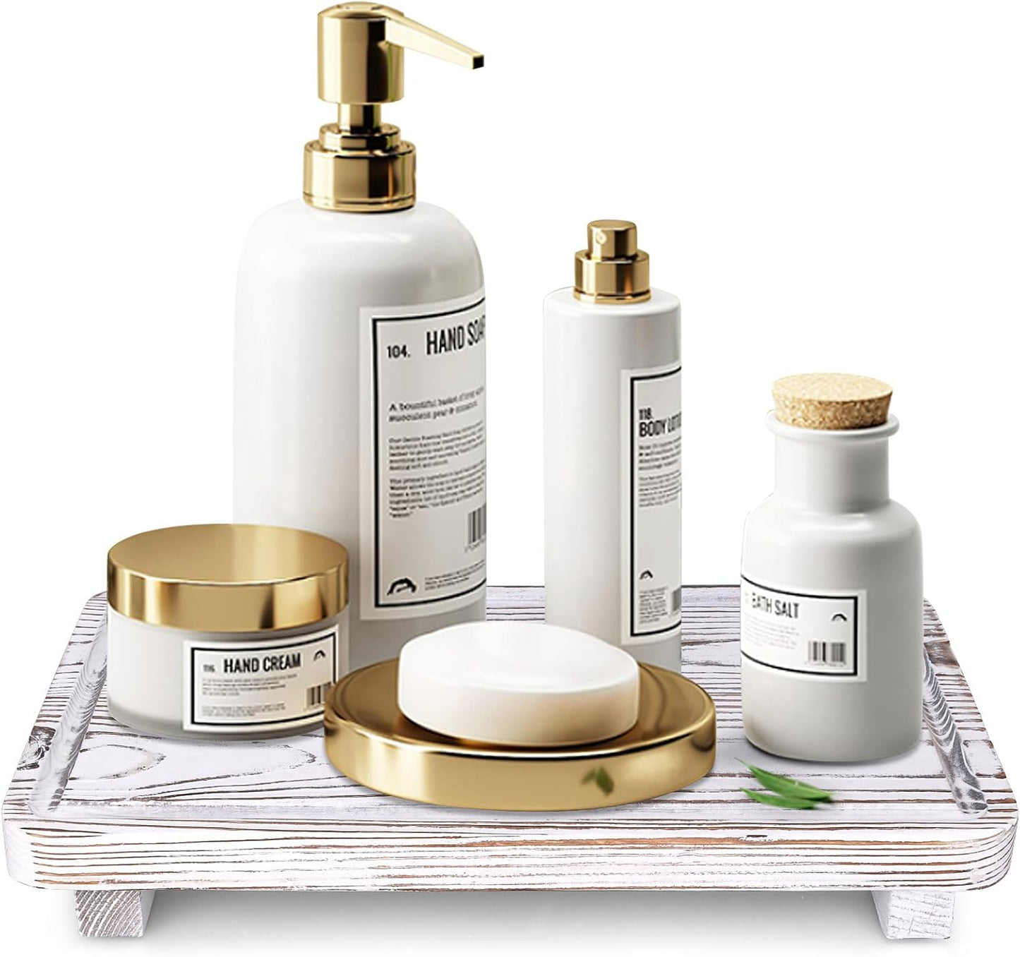 Bathroom Counter Tray Wood Pedestal Stand White Kitchen Countertop Trays Decorative Wooden Riser Display Stands Dish Soap Dispenser Holder for Bathroom Sink Accessories Kitchen Decor Vanity Tray