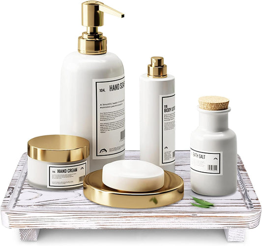 Bathroom Counter Tray Wood Pedestal Stand White Kitchen Countertop Trays Decorative Wooden Riser Display Stands Dish Soap Dispenser Holder for Bathroom Sink Accessories Kitchen Decor Vanity Tray