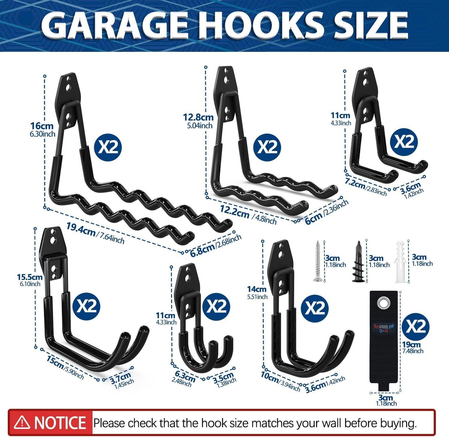 3-H Garage Wall Hooks 42 Pack, Heavy Duty Garage Hooks with Extra Welding Spots, Wall Mount Storage Organizer for Hanging Garden Lawn Tools, Ladder, Bike, WeedEater, Chair, Shovel, Blower (Black)