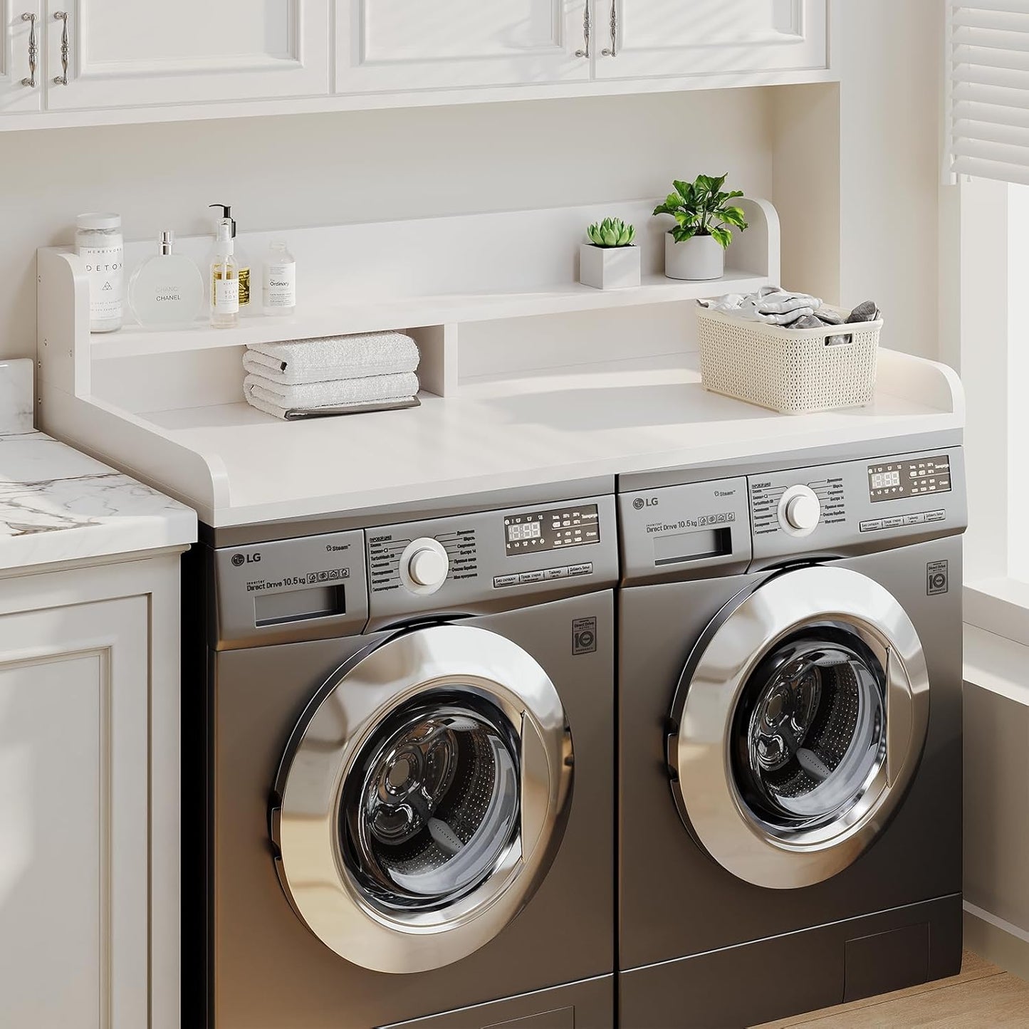 2-Tier Washer Dryer Countertop with 2.75"H Edge Rails, 54" W x 27.55" D Laundry Countertop for Folding Clothes, Washer and Dryer Topper with Non-Slip Pad (White)