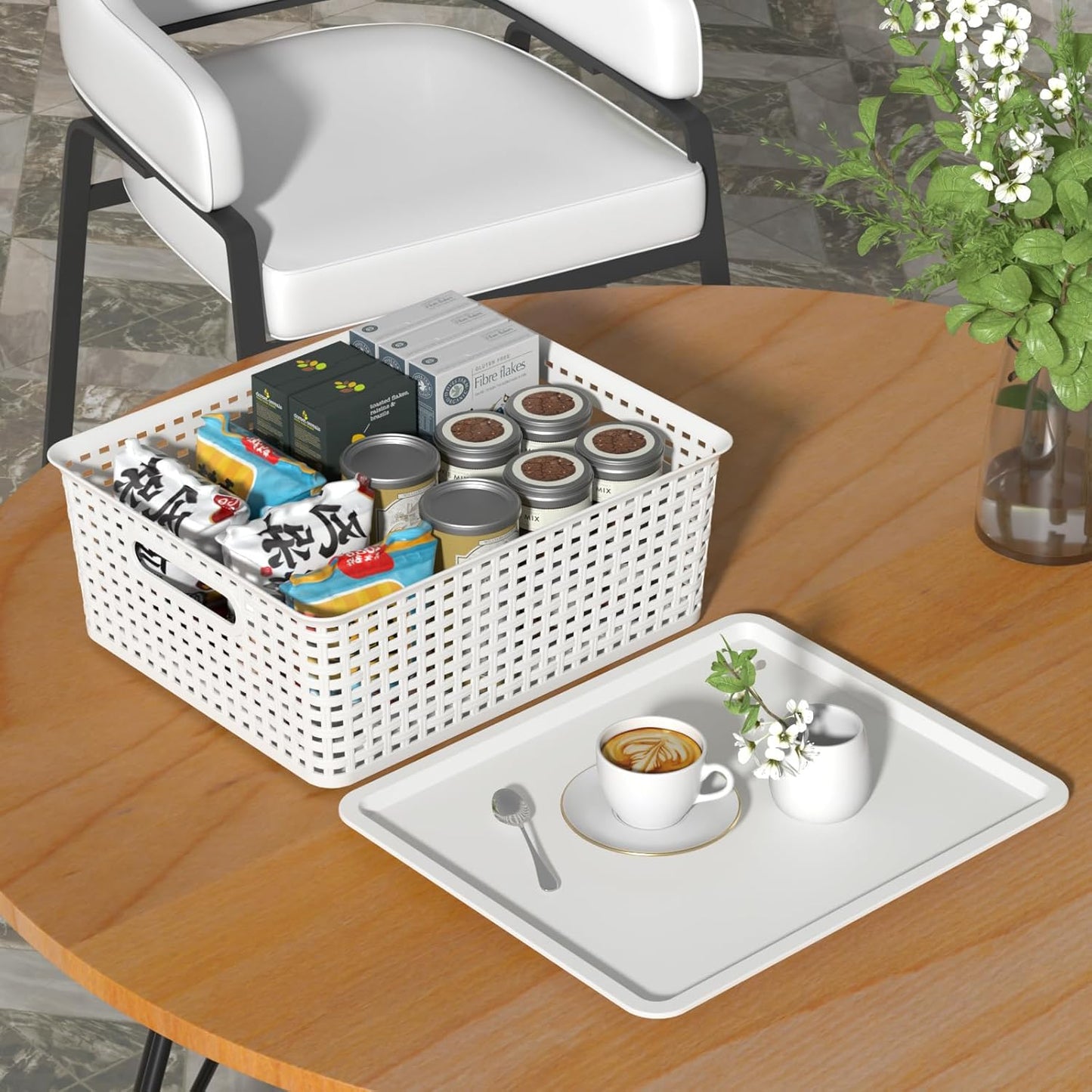 Wekioger Plastic Woven Baskets with Lids, Large White Storage Basket, Set of 6