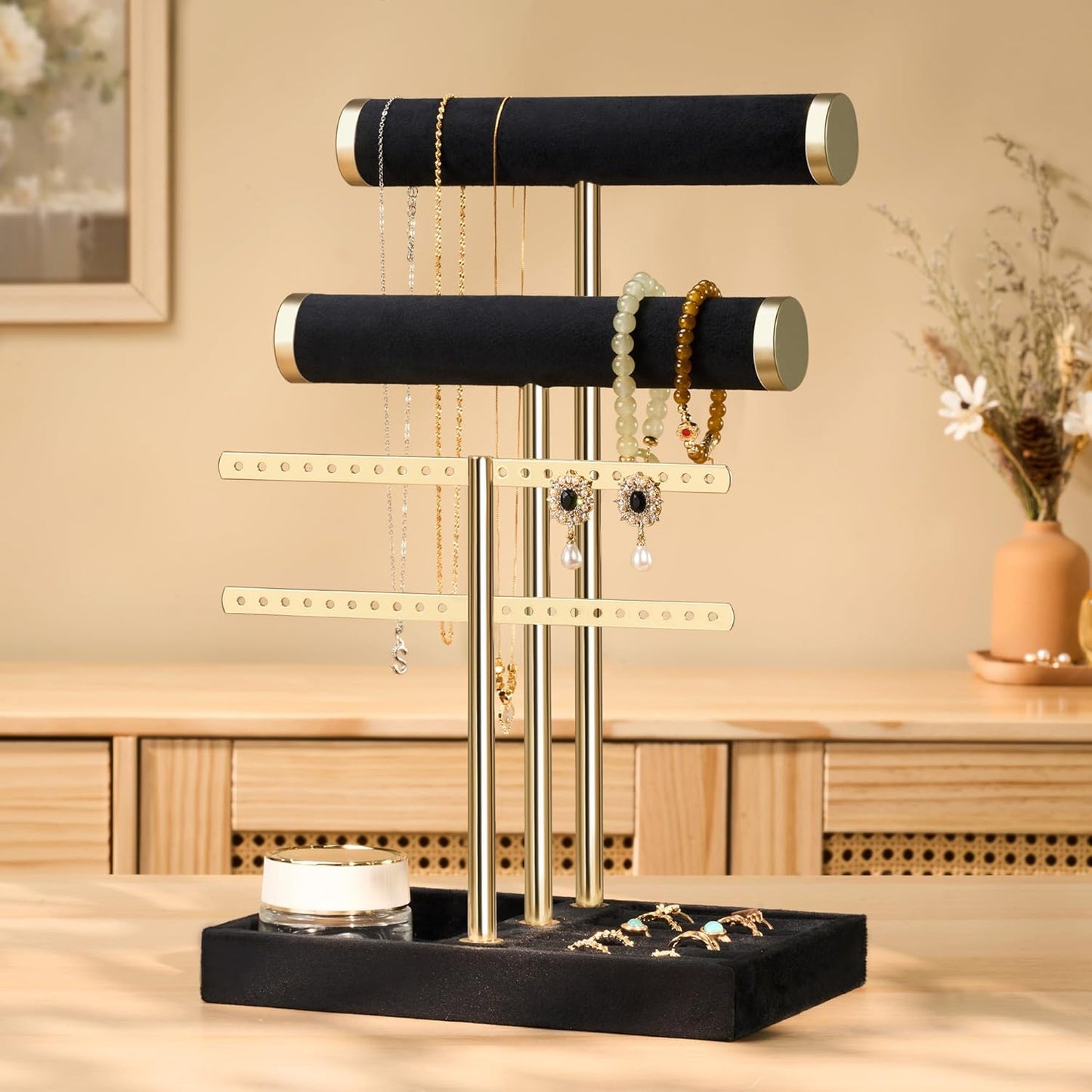 3 Tier Bracelet Holder Display - Detachable T Bar Black Velvet Bracelet Holder, Jewelry Holder Organizer for Bracelet, Necklace, Earrings, Rings