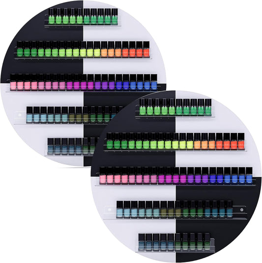 Wall Mount Nail Polish Organizer, 2 Packs Wood Nail Polish Rack w/Acrylic Barrier, 5-Tier Round Storage & Display Shelf, Perfume Essential Oil Bottles Holder, White & Black