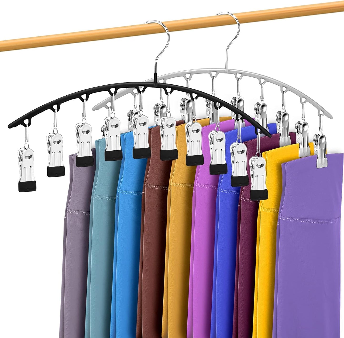 Legging Organizer for Closet, Metal Yoga Pants Hangers 2 Pack w/10 Clips Holds 20 Leggings, Space Saving, Clips Hanger for Pants, Shorts, Scarf, Hats (Black+Grey)