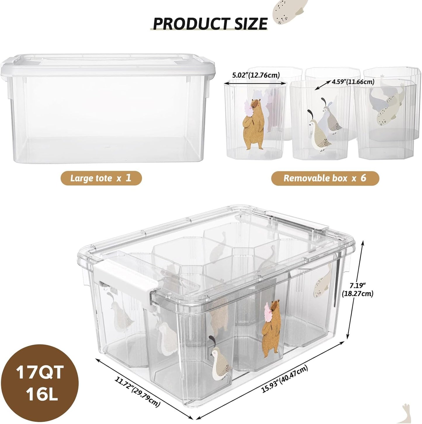 loobuu 17QT Plastic Storage Bins with Lids - 1 Pack Art Craft Supply Organizer Box with Brush Pot for Kids, Stackable Clear Pen Container for Toy/Sewing/Comestic/Tool/Playdoh (1 Pack)