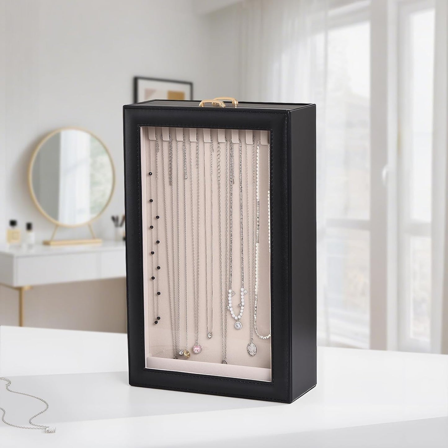 Lolalet Necklace Organizer Box, 2-Layer Jewelry Storage Boxes with Clear Lid for Necklaces, Tangle-Free Necklace Display Case for Women Girls -Black