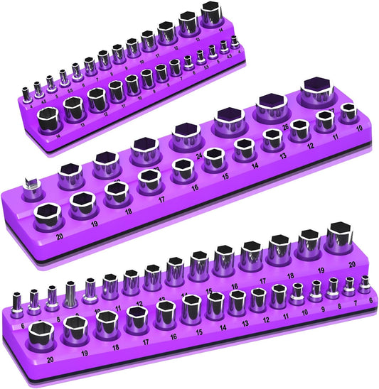 Magnetic Socket Organizer Set, 3-Piece Socket Holder Trays for 1/4" 3/8" 1/2" Drive Sockets, Organizes 68 Metric Sockets, Purple Tool Box Organizer (Sockets Not Included)