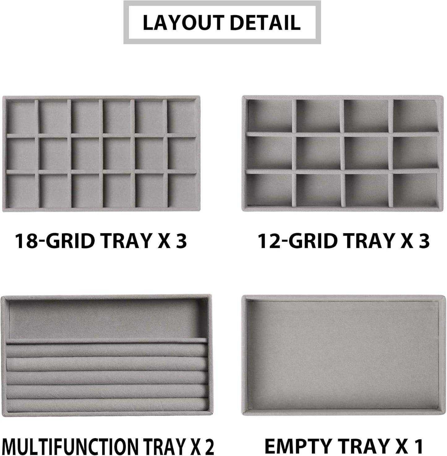 Frebeauty Jewelry Organizer Tray,Stackable Velvet Jewelry Trays,Drawer Inserts Earring Organizer For Women Jewelry Storage Display Case for Rings Stud Necklaces,Set of 9(Grey)
