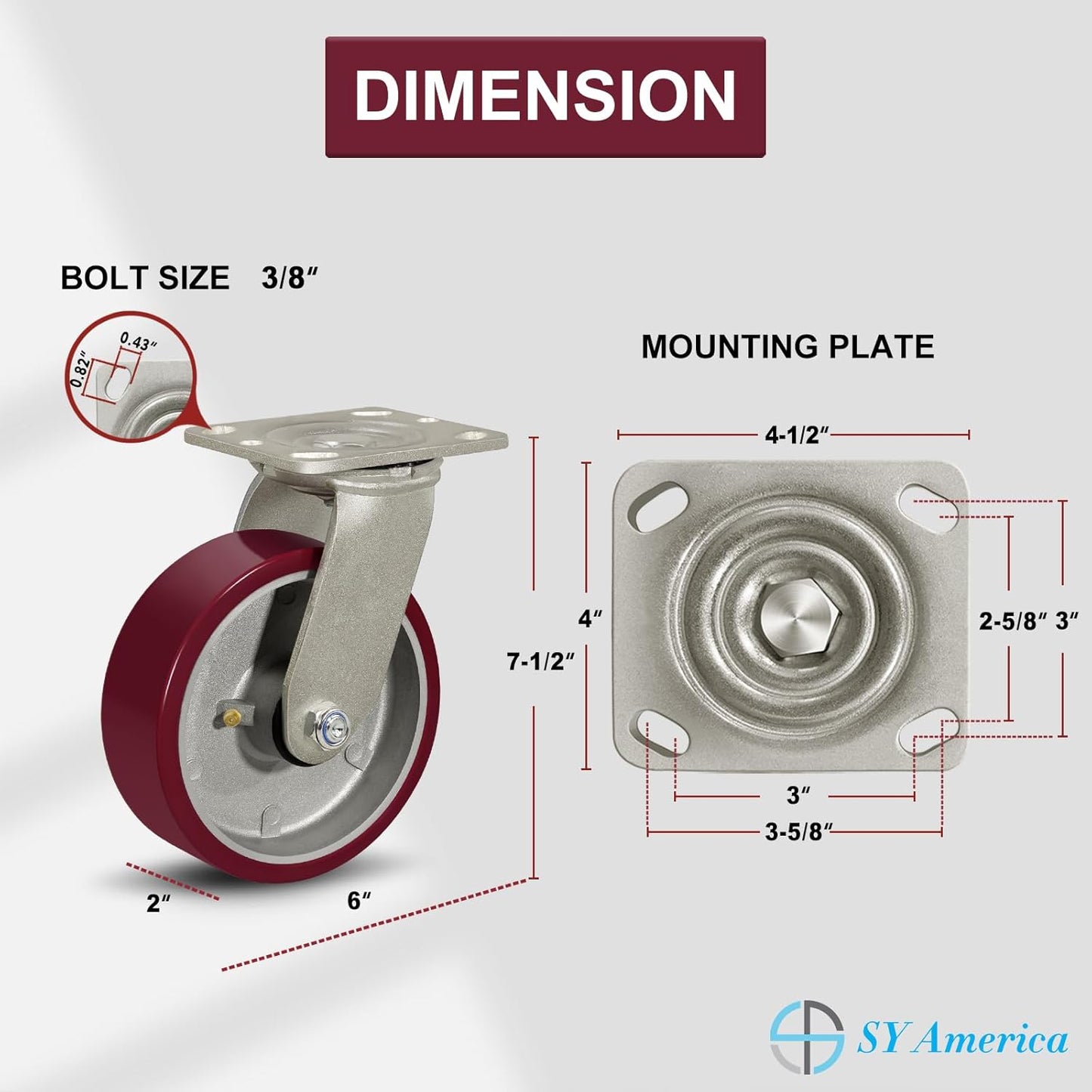 SY America 6" X 2" Casters Wheels,Heavy Duty Industrial Casters，Polyurethane on Aluminum Wheels,1 Swivel Casters,1300 LBS Load Capacity
