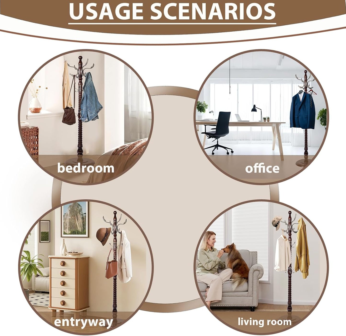 Solid Wooden Coat Rack Stand, Coat Racks Freestanding with 14 Hooks, Natural Birch Wood Coat stands with Sturdy Round Base, Tree Coat Hanger Standing for Entryway Bedroom Office (Metal Hook)